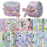 A collection of floral-patterned cotton jelly roll strips, tied with ribbons, showcasing various colorful designs suitable for quilting and crafting.